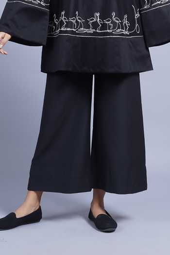 Shop_Taika By Poonam Bhagat_Black Chanderi Keyhole Neck Swan Embroidered Top _Online_at_Aza_Fashions