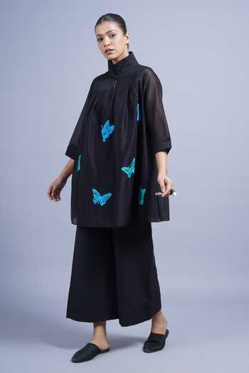 Taika By Poonam Bhagat_Black Chanderi Mandarin Collar, Keyhole Neck Butterflies Embroidered Top _Online_at_Aza_Fashions