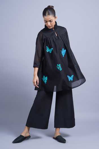 Buy_Taika By Poonam Bhagat_Black Chanderi Mandarin Collar, Keyhole Neck Butterflies Embroidered Top _Online_at_Aza_Fashions
