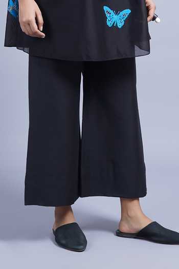 Shop_Taika By Poonam Bhagat_Black Chanderi Mandarin Collar, Keyhole Neck Butterflies Embroidered Top _Online_at_Aza_Fashions