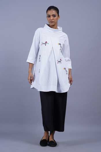 Buy_Taika By Poonam Bhagat_White Cotton High Neck Paris Embroidered Top _Online_at_Aza_Fashions
