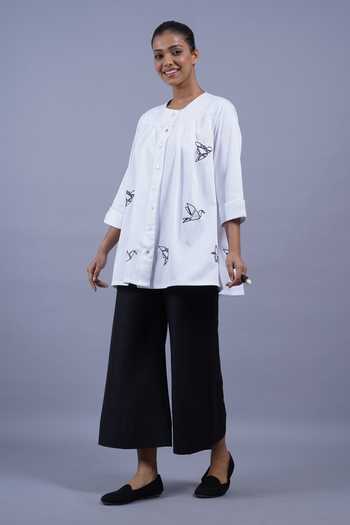 Taika By Poonam Bhagat_White Cotton Round Neck Origami Embroidered Short Top _Online_at_Aza_Fashions
