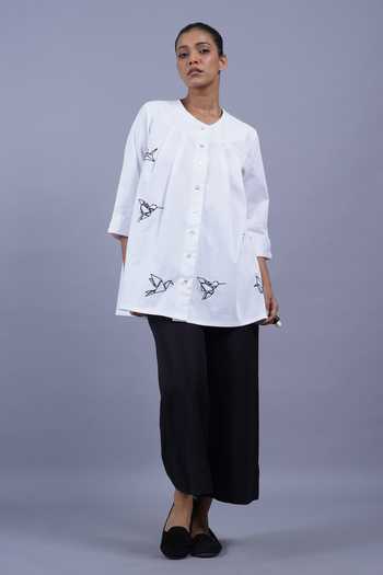 Buy_Taika By Poonam Bhagat_White Cotton Round Neck Origami Embroidered Short Top _Online_at_Aza_Fashions
