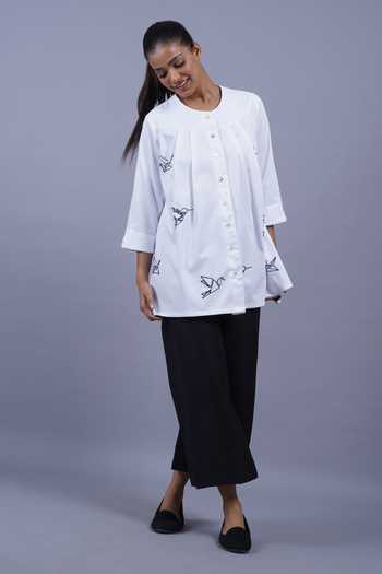 Shop_Taika By Poonam Bhagat_White Cotton Round Neck Origami Embroidered Short Top _Online_at_Aza_Fashions