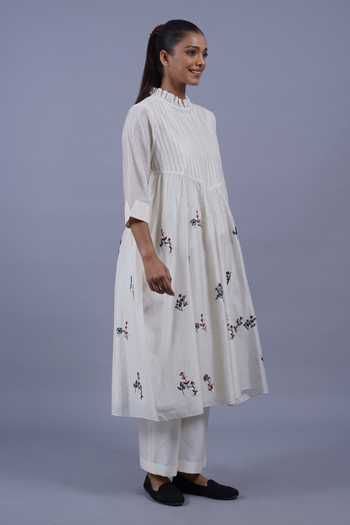 Buy_Taika By Poonam Bhagat_Ivory Chanderi High Neck, Yes Garden Pintuck Embroidered Kurta And Pant Set _Online_at_Aza_Fashions
