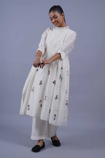 Shop_Taika By Poonam Bhagat_Ivory Chanderi High Neck, Yes Garden Pintuck Embroidered Kurta And Pant Set _Online_at_Aza_Fashions
