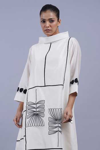 Shop_Taika By Poonam Bhagat_Ivory Chanderi Mandarin Collar Tulips Embroidered Kurta And Pant Set _Online_at_Aza_Fashions