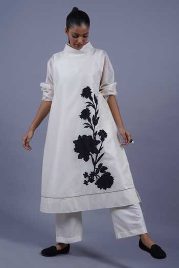 Taika By Poonam Bhagat Jasmine Placement Embroidered Chanderi Kurta & Pant Set