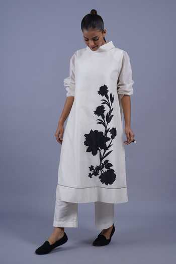 Shop_Taika By Poonam Bhagat_Ivory Chanderi Mandarin Collar Jasmine Placement Embroidered Kurta And Pant Set _Online_at_Aza_Fashions
