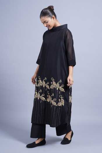 Taika By Poonam Bhagat_Black Chanderi High Neck, Yes Flamingoes Embroidered Kurta With Pant _Online_at_Aza_Fashions