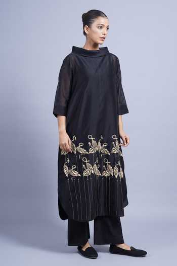 Buy_Taika By Poonam Bhagat_Black Chanderi High Neck, Yes Flamingoes Embroidered Kurta With Pant _Online_at_Aza_Fashions