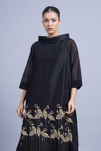 Shop_Taika By Poonam Bhagat_Black Chanderi High Neck, Yes Flamingoes Embroidered Kurta With Pant _Online_at_Aza_Fashions