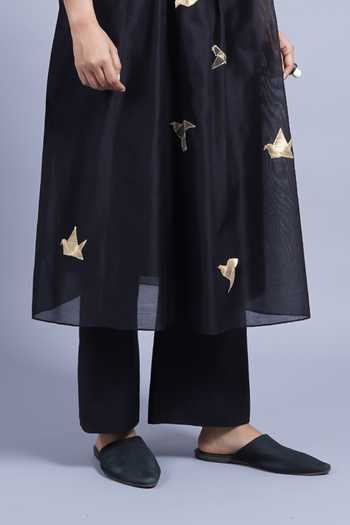Shop_Taika By Poonam Bhagat_Black Chanderi Mandarin Collar, Yes Cranes Embroidered Kurta With Pant _Online_at_Aza_Fashions