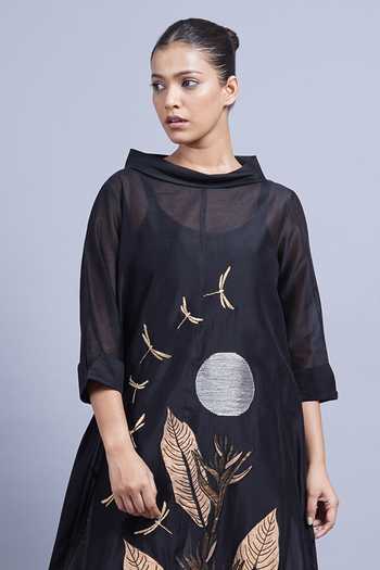 Shop_Taika By Poonam Bhagat_Black Chanderi Mandarin Collar Twilight Embroidered Kurta And Pant Set _Online_at_Aza_Fashions