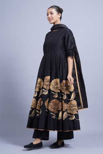 Buy_Taika By Poonam Bhagat_Black Chanderi Shawl Neck Grapes Placement Embroidered Kurta And Pant Set _Online_at_Aza_Fashions