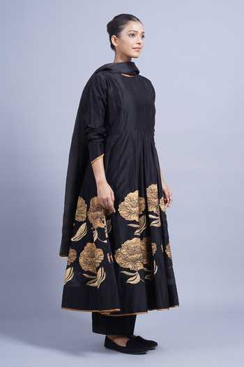 Shop_Taika By Poonam Bhagat_Black Chanderi Shawl Neck Grapes Placement Embroidered Kurta And Pant Set _Online_at_Aza_Fashions