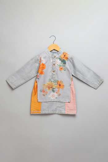 Buy_The Little Tales_Multi Color Silk, Cotton Attached Printed Panel Kurta Set _Online_at_Aza_Fashions