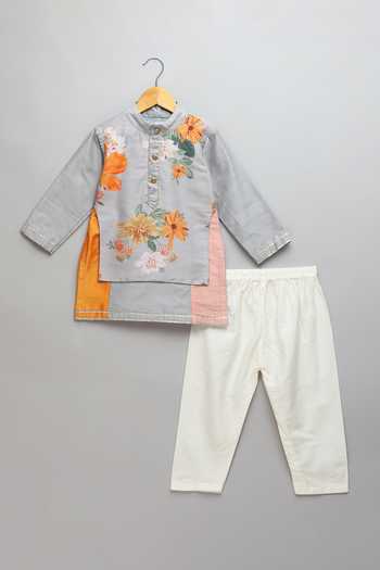 Shop_The Little Tales_Multi Color Silk, Cotton Attached Printed Panel Kurta Set _Online_at_Aza_Fashions
