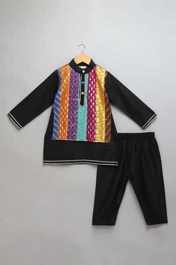 Shop_The Little Tales_Black Silk, Cotton Colorful Panelled Kurta Set _Online_at_Aza_Fashions