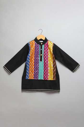 The Little Tales_Black Silk, Cotton Colorful Panelled Kurta Set _at_Aza_Fashions