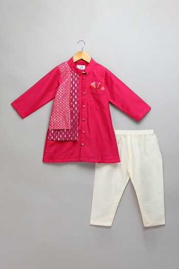The Little Tales Pink Silk, Cotton Attached Woven Jacket Kurta And Pyjama Set Online at Aza Fashions The Little Tales_Pink Silk, Cotton Attached Woven Jacket Kurta And Pyjama Set _Online_at_Aza_Fashions