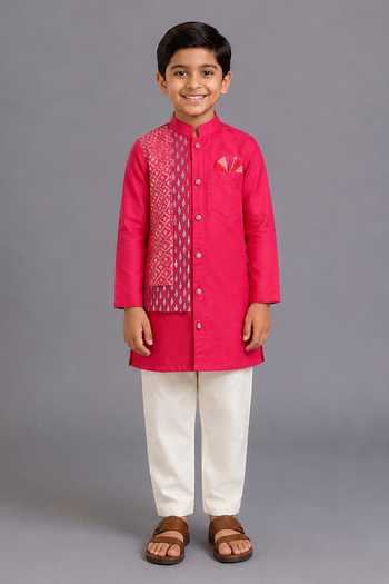 The Little Tales Attached Woven Jacket Kurta & Pyjama Set 