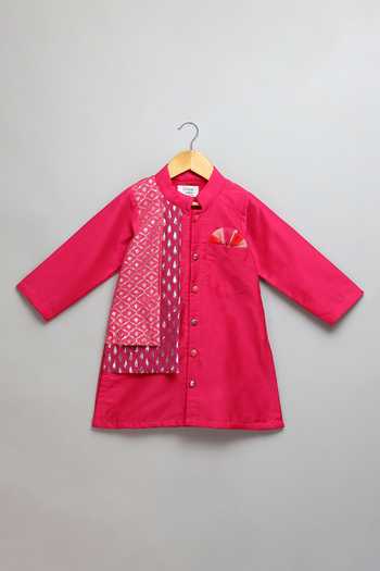 The Little Tales Pink Silk, Cotton Attached Woven Jacket Kurta And Pyjama Set at Aza Fashions The Little Tales_Pink Silk, Cotton Attached Woven Jacket Kurta And Pyjama Set _at_Aza_Fashions