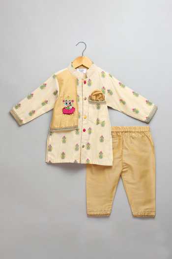The Little Tales_Beige Silk, Cotton Laxmi Goddess Embroidered Kurta Set _Online_at_Aza_Fashions