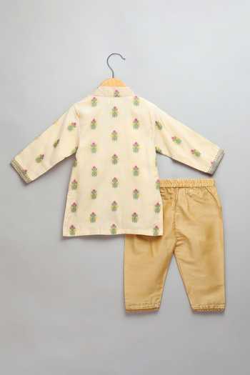 Buy_The Little Tales_Beige Silk, Cotton Laxmi Goddess Embroidered Kurta Set _Online_at_Aza_Fashions