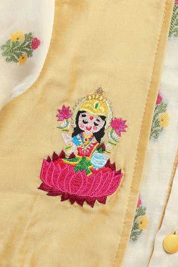 Buy_The Little Tales_Beige Silk, Cotton Laxmi Goddess Embroidered Kurta Set 