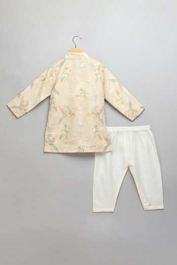 The Little Tales_Multi Color Silk, Cotton, Organza Parrot Print Kurta And Pyjama Set _Online_at_Aza_Fashions