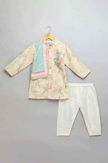 Buy_The Little Tales_Multi Color Silk, Cotton, Organza Parrot Print Kurta And Pyjama Set _Online_at_Aza_Fashions