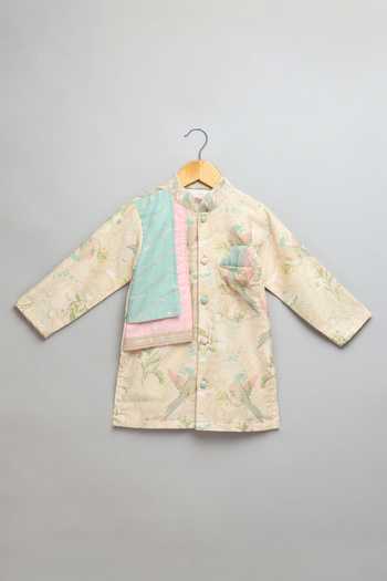 The Little Tales_Multi Color Silk, Cotton, Organza Parrot Print Kurta And Pyjama Set _at_Aza_Fashions