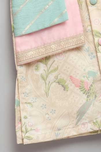 Buy_The Little Tales_Multi Color Silk, Cotton, Organza Parrot Print Kurta And Pyjama Set 