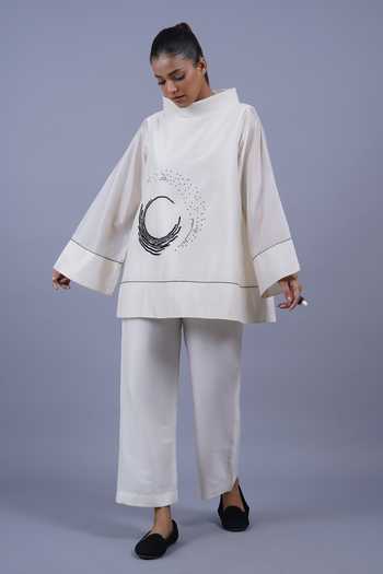 Buy Taika By Poonam Bhagat Ivory Chanderi Mandarin Collar Crescent Placement Embroidered Top Buy_Taika By Poonam Bhagat_Ivory Chanderi Mandarin Collar Crescent Placement Embroidered Top