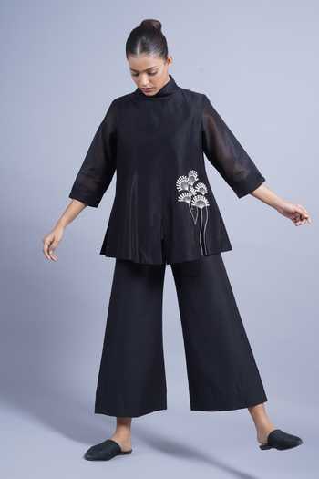 Taika By Poonam Bhagat_Black Chanderi Mandarin Collar Bouquet Placement Embroidered Top _at_Aza_Fashions