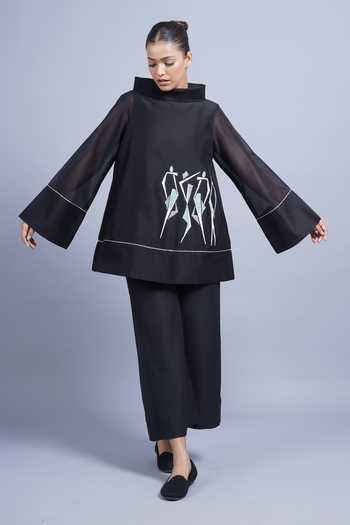 Taika By Poonam Bhagat_Black Chanderi High Neck Africa Embroidered Top _at_Aza_Fashions