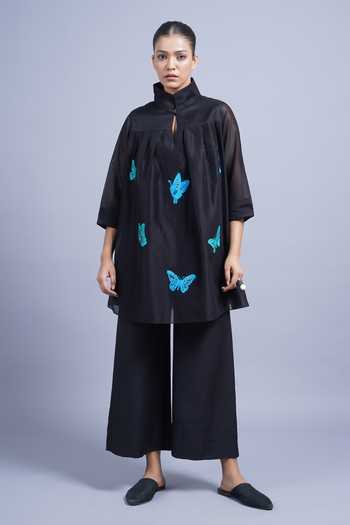 Taika By Poonam Bhagat_Black Chanderi Mandarin Collar, Keyhole Neck Butterflies Embroidered Top _at_Aza_Fashions