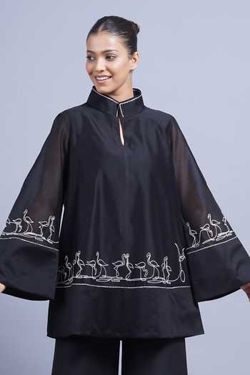 Taika By Poonam Bhagat Black Swan Embroidered Top