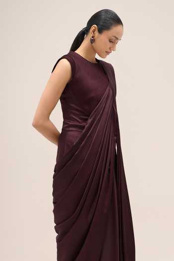 Shop Ampm Burgundy Silk Ila Saree Gown Online at Aza Fashions Shop_Ampm_Burgundy Silk Ila Saree Gown _Online_at_Aza_Fashions