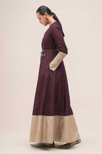 Buy Ampm Burgundy Raw Silk Mandarin Collar Zahra Panelled Jacket And Pant Set Online at Aza Fashions Buy_Ampm_Burgundy Raw Silk Mandarin Collar Zahra Panelled Jacket And Pant Set _Online_at_Aza_Fashions