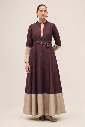 Shop Ampm Burgundy Raw Silk Mandarin Collar Zahra Panelled Jacket And Pant Set Online at Aza Fashions Shop_Ampm_Burgundy Raw Silk Mandarin Collar Zahra Panelled Jacket And Pant Set _Online_at_Aza_Fashions