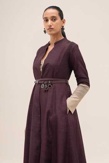 Ampm Burgundy Raw Silk Mandarin Collar Zahra Panelled Jacket And Pant Set at Aza Fashions Ampm_Burgundy Raw Silk Mandarin Collar Zahra Panelled Jacket And Pant Set _at_Aza_Fashions