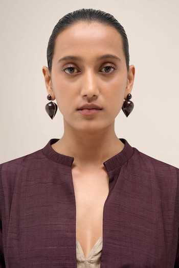 Shop Ampm Burgundy Raw Silk Mandarin Collar Zahra Panelled Jacket And Pant Set Shop_Ampm_Burgundy Raw Silk Mandarin Collar Zahra Panelled Jacket And Pant Set