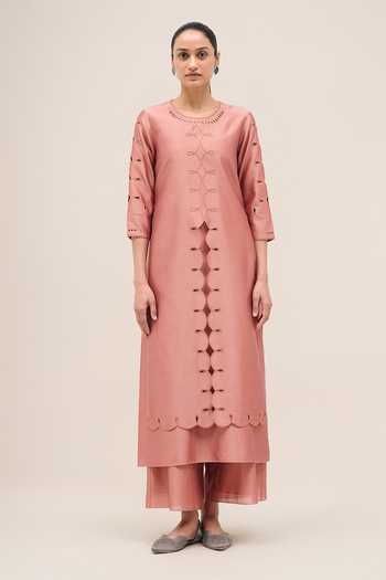 Buy Ampm Pink Chanderi Round Neck, Yes Svara Kurta Set Online at Aza Fashions Buy_Ampm_Pink Chanderi Round Neck, Yes Svara Kurta Set _Online_at_Aza_Fashions