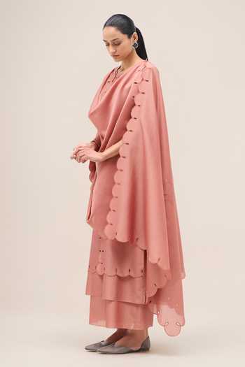 Shop Ampm Pink Chanderi Round Neck, Yes Svara Kurta Set Online at Aza Fashions Shop_Ampm_Pink Chanderi Round Neck, Yes Svara Kurta Set _Online_at_Aza_Fashions