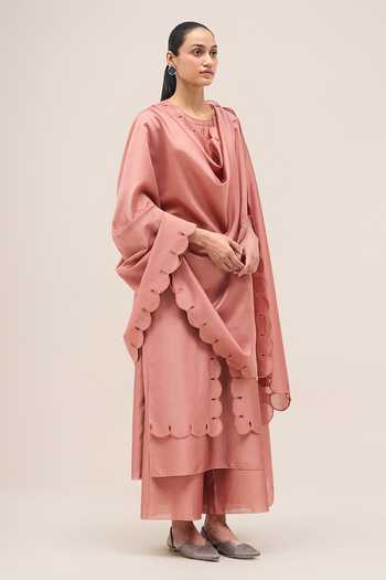 Ampm Pink Chanderi Round Neck, Yes Svara Kurta Set at Aza Fashions Ampm_Pink Chanderi Round Neck, Yes Svara Kurta Set _at_Aza_Fashions