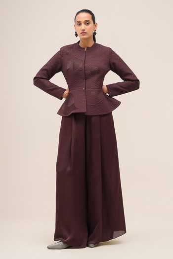 Ampm Burgundy Shantoon, Organza, Satin Mandarin Valla Peplum Hem Jacket And Palazzo Set Online at Aza Fashions Ampm_Burgundy Shantoon, Organza, Satin Mandarin Valla Peplum Hem Jacket And Palazzo Set _Online_at_Aza_Fashions
