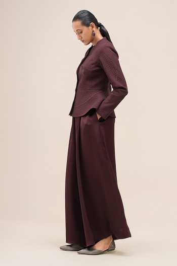 Shop Ampm Burgundy Shantoon, Organza, Satin Mandarin Valla Peplum Hem Jacket And Palazzo Set Online at Aza Fashions Shop_Ampm_Burgundy Shantoon, Organza, Satin Mandarin Valla Peplum Hem Jacket And Palazzo Set _Online_at_Aza_Fashions