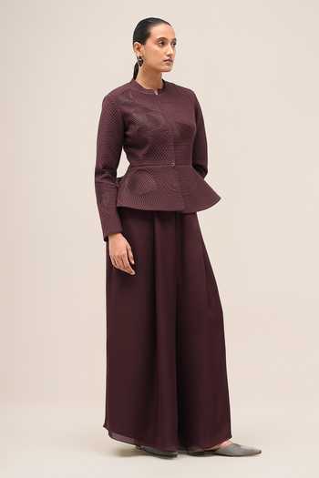 Buy Ampm Burgundy Shantoon, Organza, Satin Mandarin Valla Peplum Hem Jacket And Palazzo Set Buy_Ampm_Burgundy Shantoon, Organza, Satin Mandarin Valla Peplum Hem Jacket And Palazzo Set